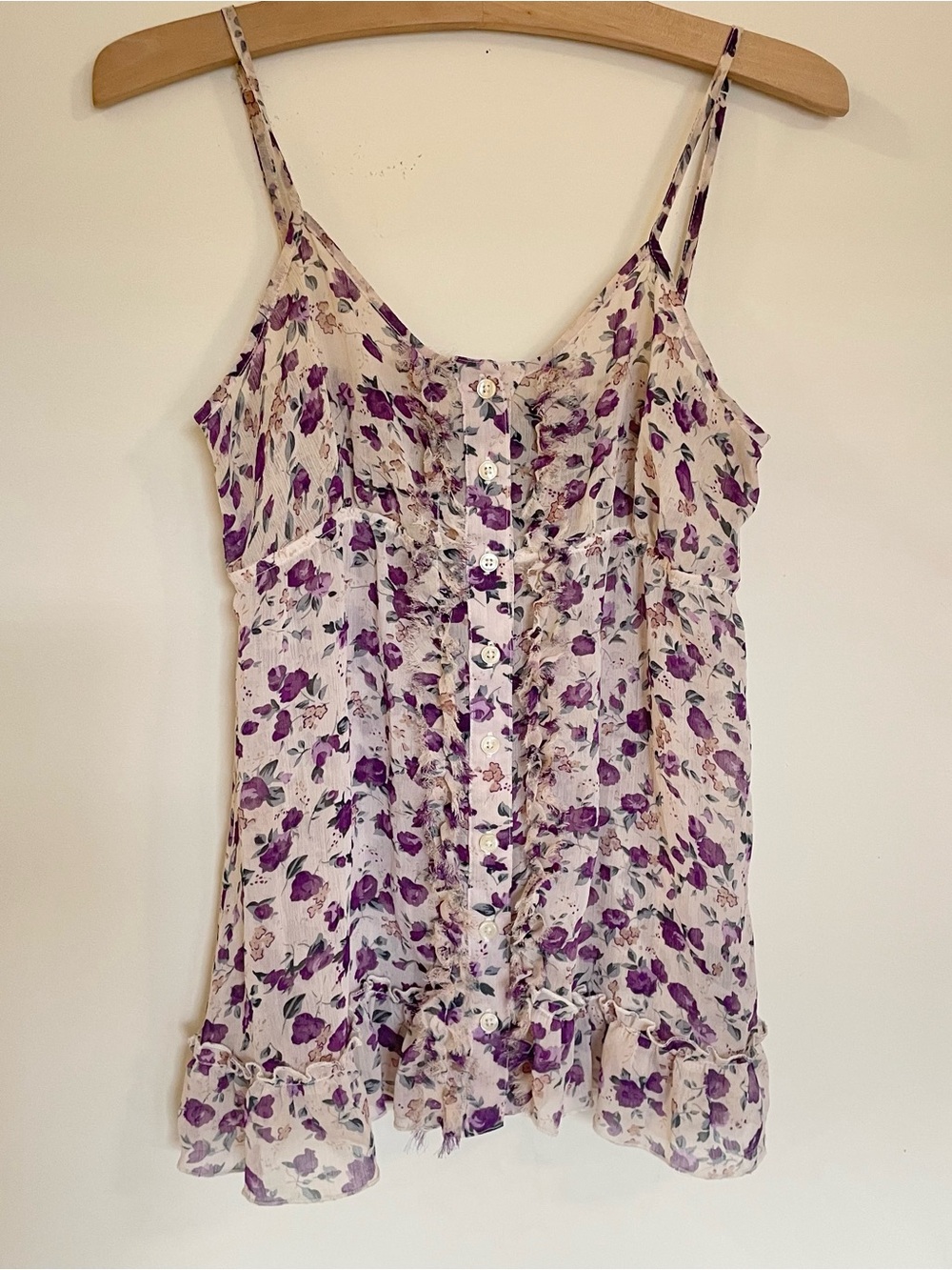 Express Purple Y2k Flirty Floral Cami with Ruffle Hem